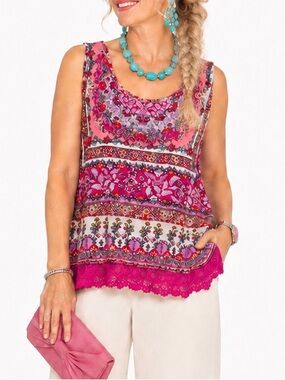 BILA WHIMSICAL PINK FLORAL SLEEVELESS TOP WITH LACE HEM NWTS!! SZ XXL